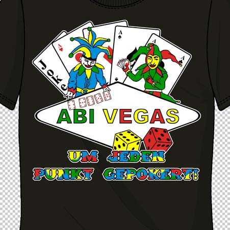 Design auf dunklem T-Shirt mit zwei Narren, die Karten und Würfel halten, Text "ABI VEGAS UM JEDEN PUNKT GEPOKERT".