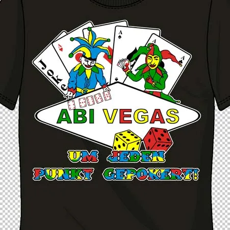 Design auf dunklem T-Shirt mit zwei Narren, die Karten und Würfel halten, Text "ABI VEGAS UM JEDEN PUNKT GEPOKERT".
