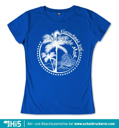 Design eines blauen T-Shirts mit weißem Aufdruck 'Lloret de Mar 2014', Palmen und Welle in einem Kreis.