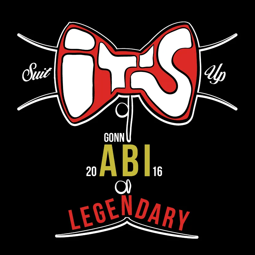 Rotes Fliegen-Design mit "Suit Up" und "Gonn ABI 2016 Legendary" Text auf schwarzem Hintergrund.