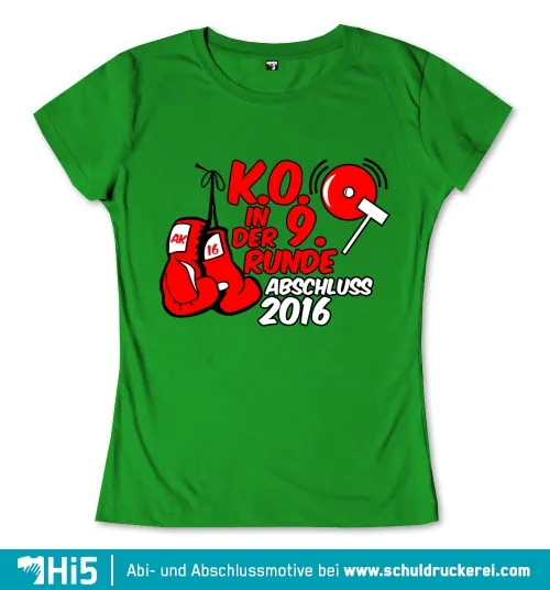 Illustrierte rote Boxhandschuhe vor grünem Hintergrund, Text "K.O. in der 9. Runde Abschluss 2016".