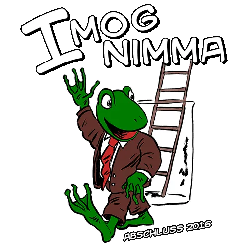 Grafik eines Frosches in Anzug, der eine Leiter hält, mit Text "IMOG NIMMA ABSCHLUSS 2016".
