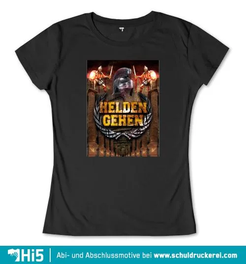 Zwei fantasy Krieger in Rüstungen neben einem alten Helm und saulen, mit dem Text "HELDEN GEHEN".