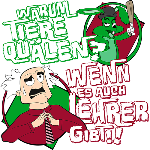 Illustration von Bugs Bunny mit Baseballschläger und besorgtem Geschäftsmann auf grauem Hintergrund.