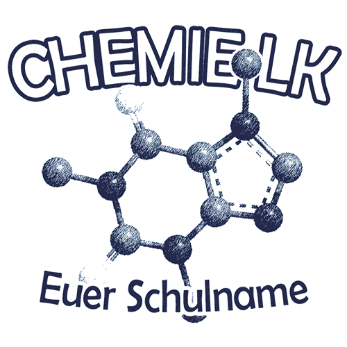 Abdruck eines Molekülmodells mit der Überschrift "CHEMIE LK" und dem Text "Euer Schulname" auf einem T-Shirt.