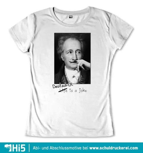 Montage von Albert Einstein mit einer falschen Schnurrbart-Aufsatz vor dem Mund und dem Spruch "Life is a joke".