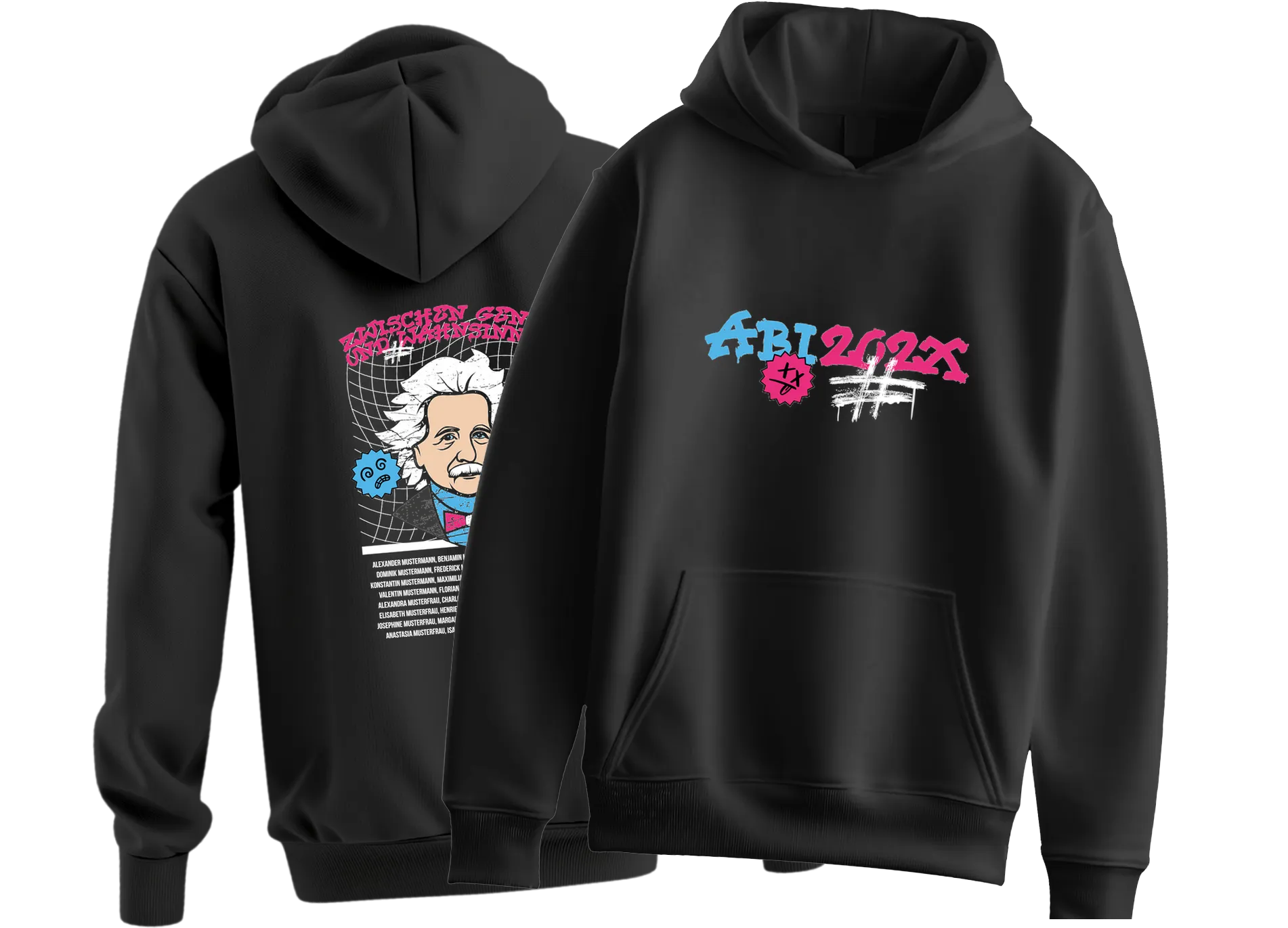 Schwarze kapuzenpullover vorne und hinten mit buntem Abi202X schriftzug vorne und auf der rueckseite ein Einstein mit netzmuster und namenliste