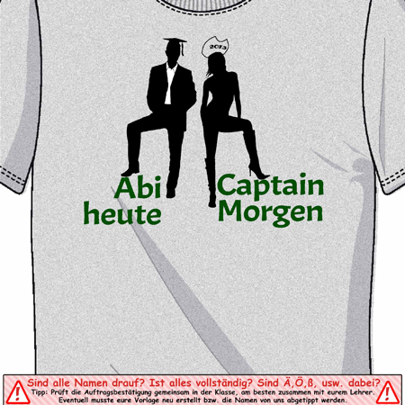 Graues T-Shirt mit Abbildung zweier Personen im Anzug und Text "Abi heute Captain Morgen".