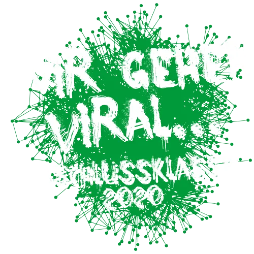 Schwarzes Design mit grünen Spritzern, Text "Wir gehen viral, Abschlussklasse 2020".