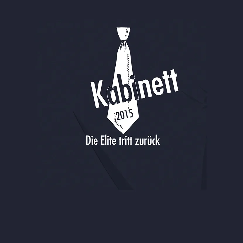 Grafisches Bild einer Krawatte mit den Wörtern "Kabinett 2015" und "Die Elite tritt zurück" auf dunklem Hintergrund.