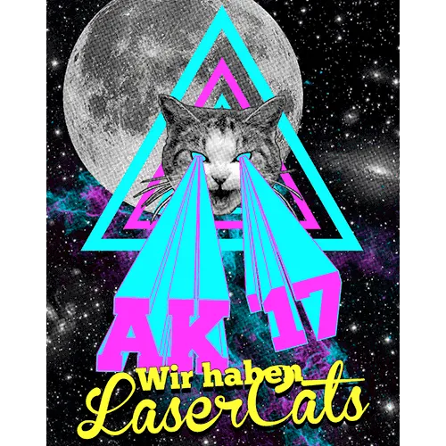 Eine grafische Darstellung mit einer Katze, deren Augen Laserstrahlen aussenden, umgeben von geometrischen Formen und einem Mond im Hintergrund.