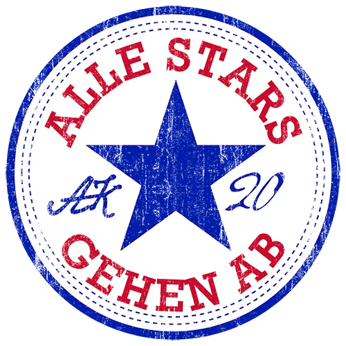 Rundes Logo mit blauem Stern und Schriftzug "ALLE STARS GEHEN AB", weiße und blaue Kreise auf grauem Grund.