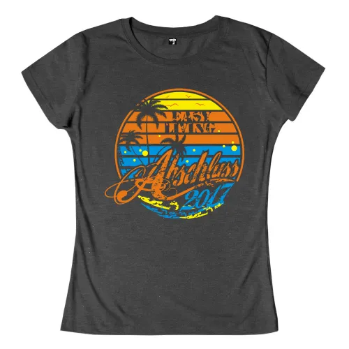 Grafik eines Retro-Sonnenaufgangs mit Palmen, Vögeln und dem Text 'Party Like It's Atlantis 2017'.