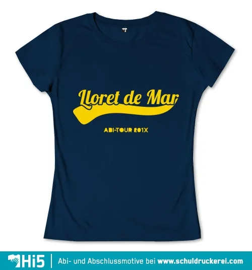 Text "Lloret de Mar ABI-TOUR 201X" in geschwungener Schrift auf schwarzem Hintergrund.