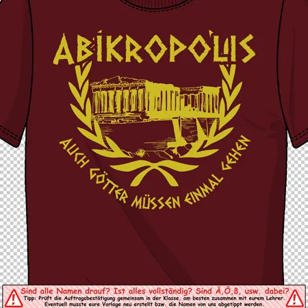Rotes T-Shirt mit "Abikropolis" und grafischer Darstellung eines Tempels, umgeben von einem Lorbeerkranz.