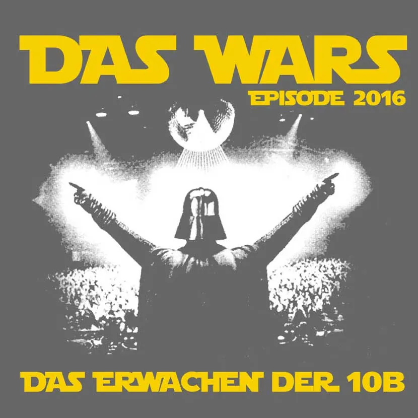 Gelbes T-Shirt-Design mit Darth Vader, der zwei Finger hebt, unter einem leuchtenden Todesstern. Text "DAS WARS EPISODE 2016".