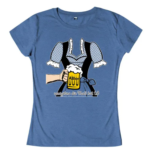 Illustration eines Dirndls, das einen Bierkrug hält, Text "wenigstens die Maß hat 1,0".