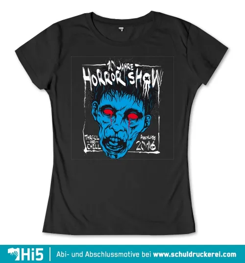 Grafik eines blauen Zombiekopfes mit roten Augen und Titel "10 Jahre Horror Show".