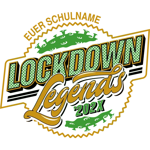 Logo mit der Aufschrift "Lockdown Legends 202X" und "Euer Schulname" auf texturiertem Hintergrund.