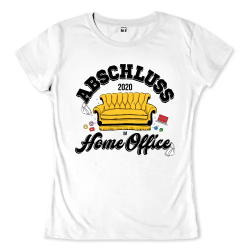 Illustration einer gelben Couch mit "Abschluss 2020 im Home Office" Text und umgebenden Symbolen.