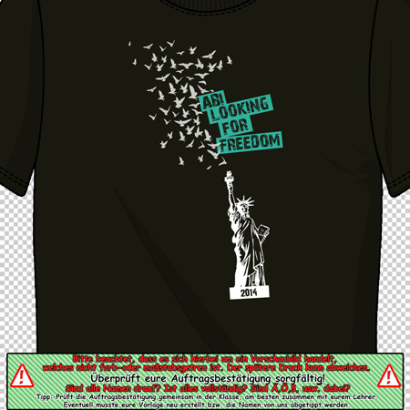 Grünes Design einer Freiheitsstatue mit Vogelschwarm auf einem schwarzen T-Shirt.