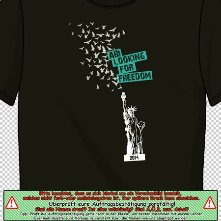Grünes Design einer Freiheitsstatue mit Vogelschwarm auf einem schwarzen T-Shirt.