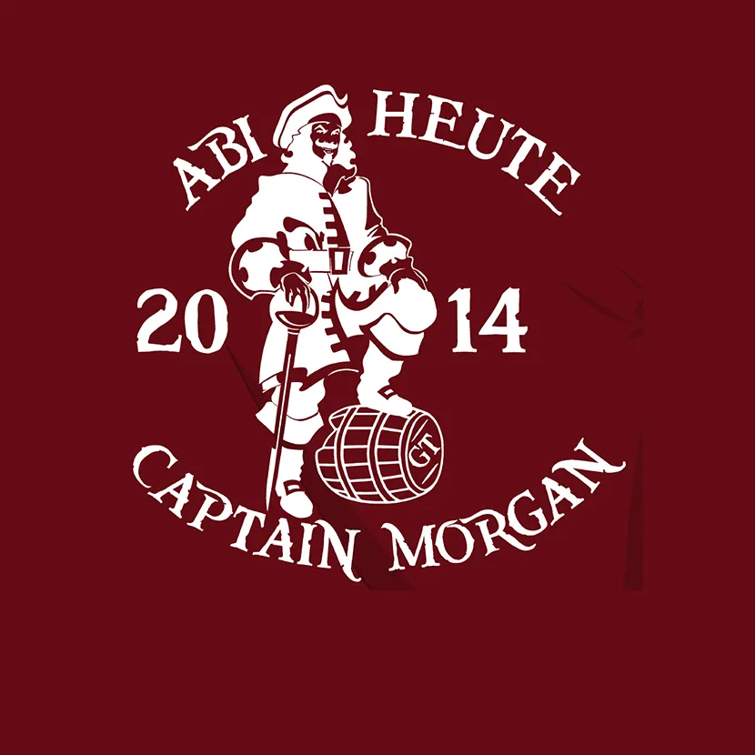 Weißes Bild eines Piraten mit Fass und Krückstock auf rotem Hintergrund mit Text "ABI HEUTE 2014 CAPTAIN MORGAN".