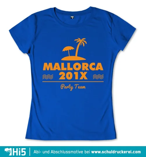 Schwarzes Bild mit der goldenen Silhouette einer Palme, Wellen und der Aufschrift "Mallorca 201X Party Team".