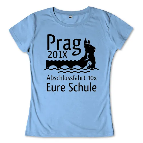 Design für ein T-Shirt zur Abschlussfahrt mit Prags Silhouette, Jahreszahl 201x und Schriftzug 'Abschlussfahrt 10x'.