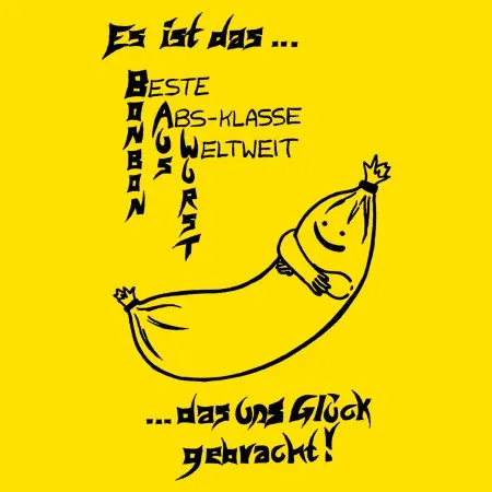 Anthropomorphe Banane auf gelbem Grund mit Schriftzug "Beste Abschlussklasse"