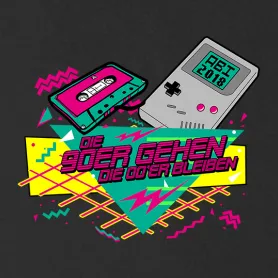 Grafik mit einem Kassettentape und einem Handheld-Spielgerät im 80er Stil, Text "Die 90er gehen die 80er bleiben".