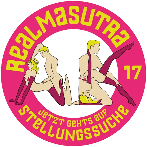 Grafik mit drei Figuren in gelben und rosa Tönen, die Yoga-ähnliche Posen zeigen, umgeben von Text.