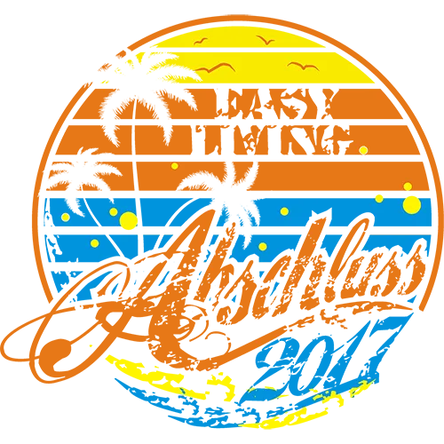 Grafik eines Retro-Sonnenaufgangs mit Palmen, Vögeln und dem Text 'Party Like It's Atlantis 2017'.