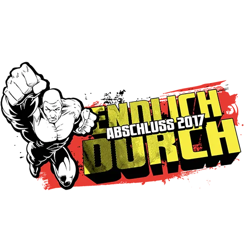 Comicfigur bricht durch Text 'Endlich Abschluss 2017' auf blauem Hintergrund.