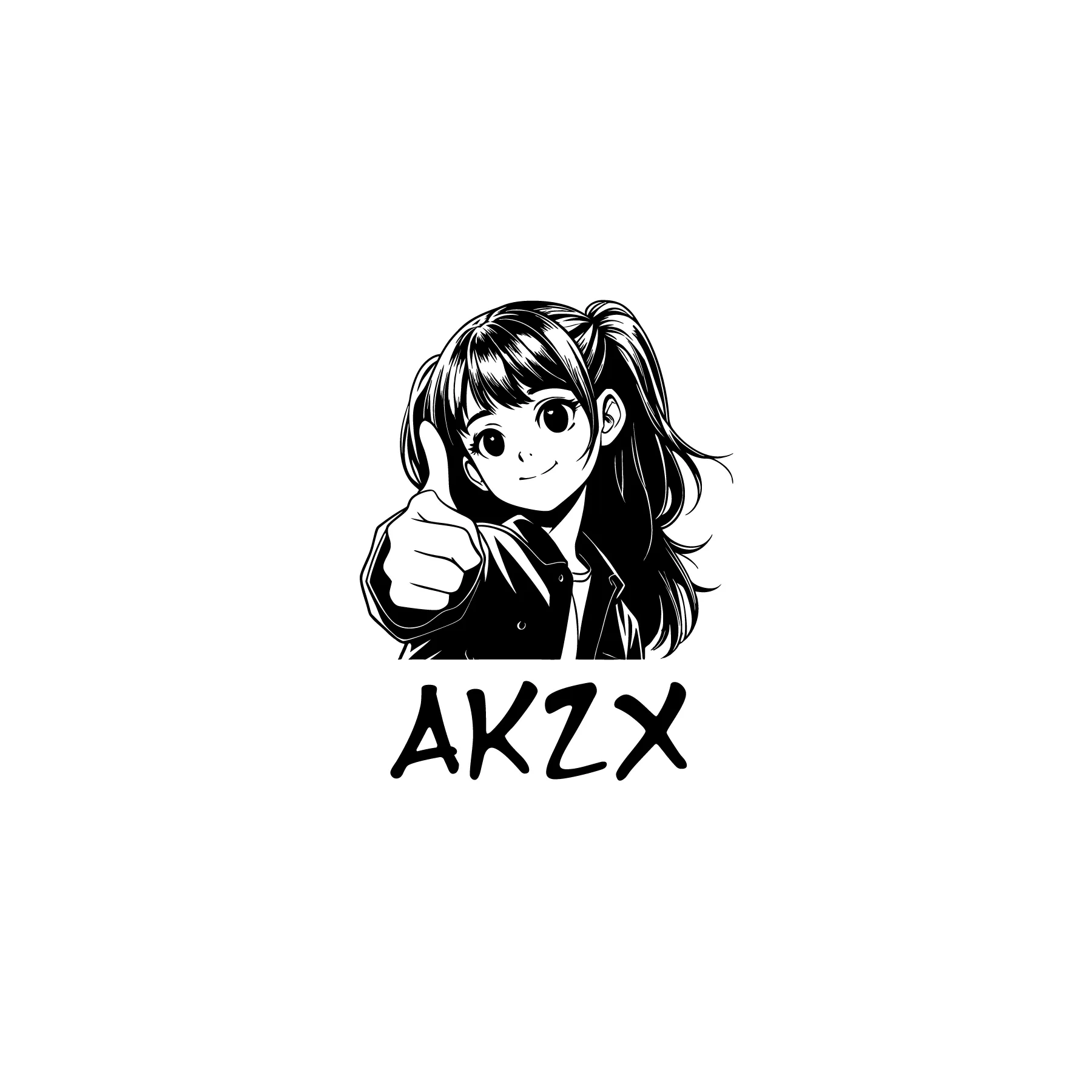 Manga Maedchen mit Pferdeschwanz laechelnd zeigt Daumen hoch und Schriftzug AKZX darunter
