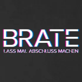 Schwarzes T-Shirt mit Aufdruck "BRATE LASS MAL ABSCHLUSS MACHEN" in bunten Neonfarben.