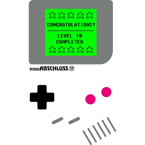 Ein grüner Bildschirm auf grauer Konsole zeigt "Level 10 Completed" mit Sternen, darunter Gamepad und Tasten.