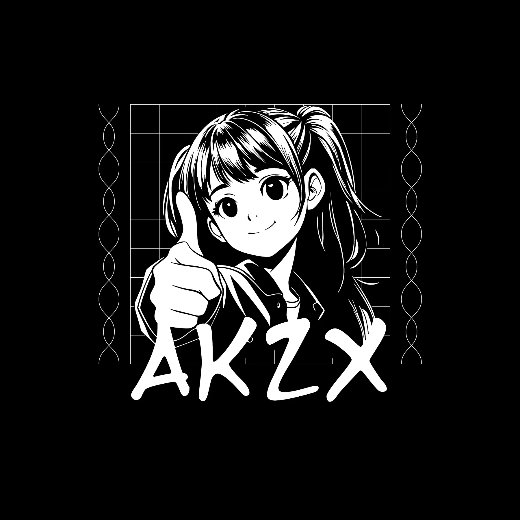 Stilisierte Schwarzweisszeichnung eines Mädchens mit Zöpfen das Daumen hoch zeigt vor Gitternetz und DNA Strang Silhouetten und Schrift AKZX