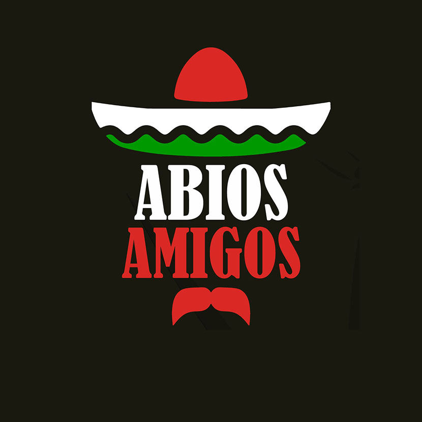 Grafisches Logo mit Schriftzug "ABIOS AMIGOS", Sombrero und Schnurrbart auf schwarzem Hintergrund.