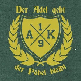 Schwarzes Wappen mit gekreuzten Werkzeugen und Lorbeerkranz, Beschriftung "A X K 9".
