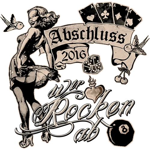 Illustration mit Pin-up-Girl, Spielkarten, Würfeln und Spruch "Abschluss 2016 Wir rocken ab" auf lila Hintergrund.