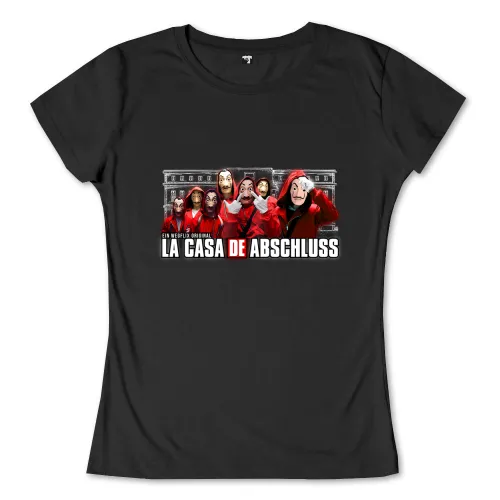 Gruppe in roten Overalls und Masken vor klassischem Gebäude, Titel "La Casa De Abschluss".