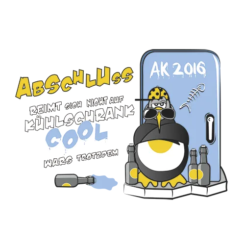 Illustration eines Pinguins neben einem Kühlschrank mit AK 2016 und Biologie-Elementen.