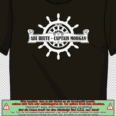 Schwarzes T-Shirt mit einem weißen "Abi Heute - Captain Morgan" Druck im Stil eines Steuerrads.