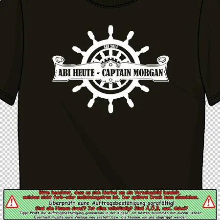 Schwarzes T-Shirt mit einem weißen "Abi Heute - Captain Morgan" Druck im Stil eines Steuerrads.