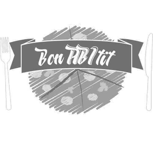 Graues grafisches Banner mit der Aufschrift "Bon Appétit" umgeben von Besteck und Tellerdetails.