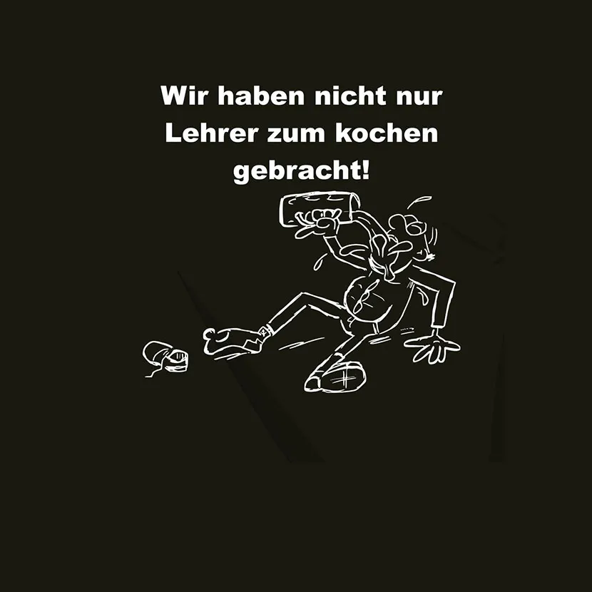 Zeichnung eines Lehrers und eines Schülers in einer übertriebenen, dynamischen Pose auf schwarzem Hintergrund.