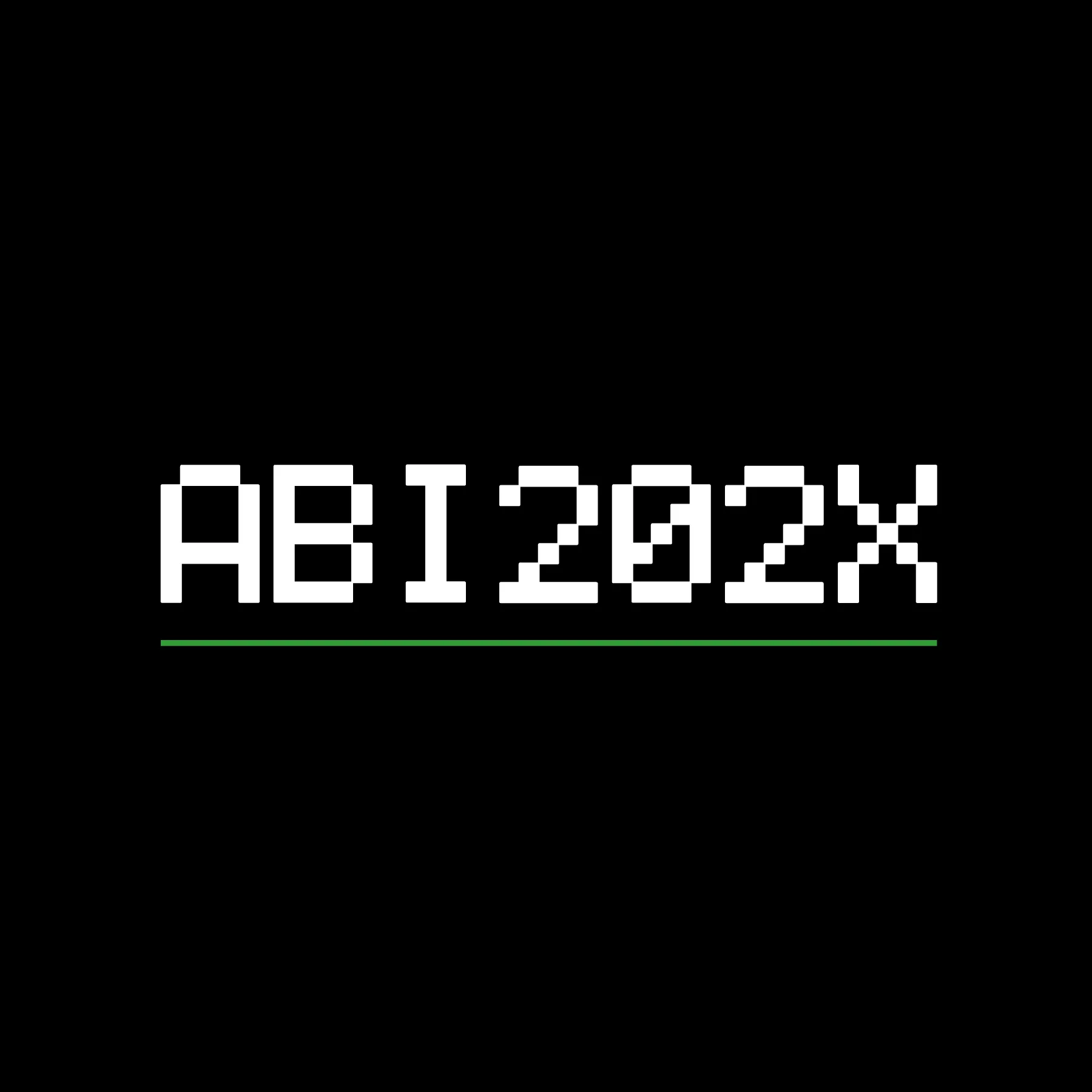 weisse pixeltext ABI202X mit gruener linie darunter auf schwarzem hintergrund