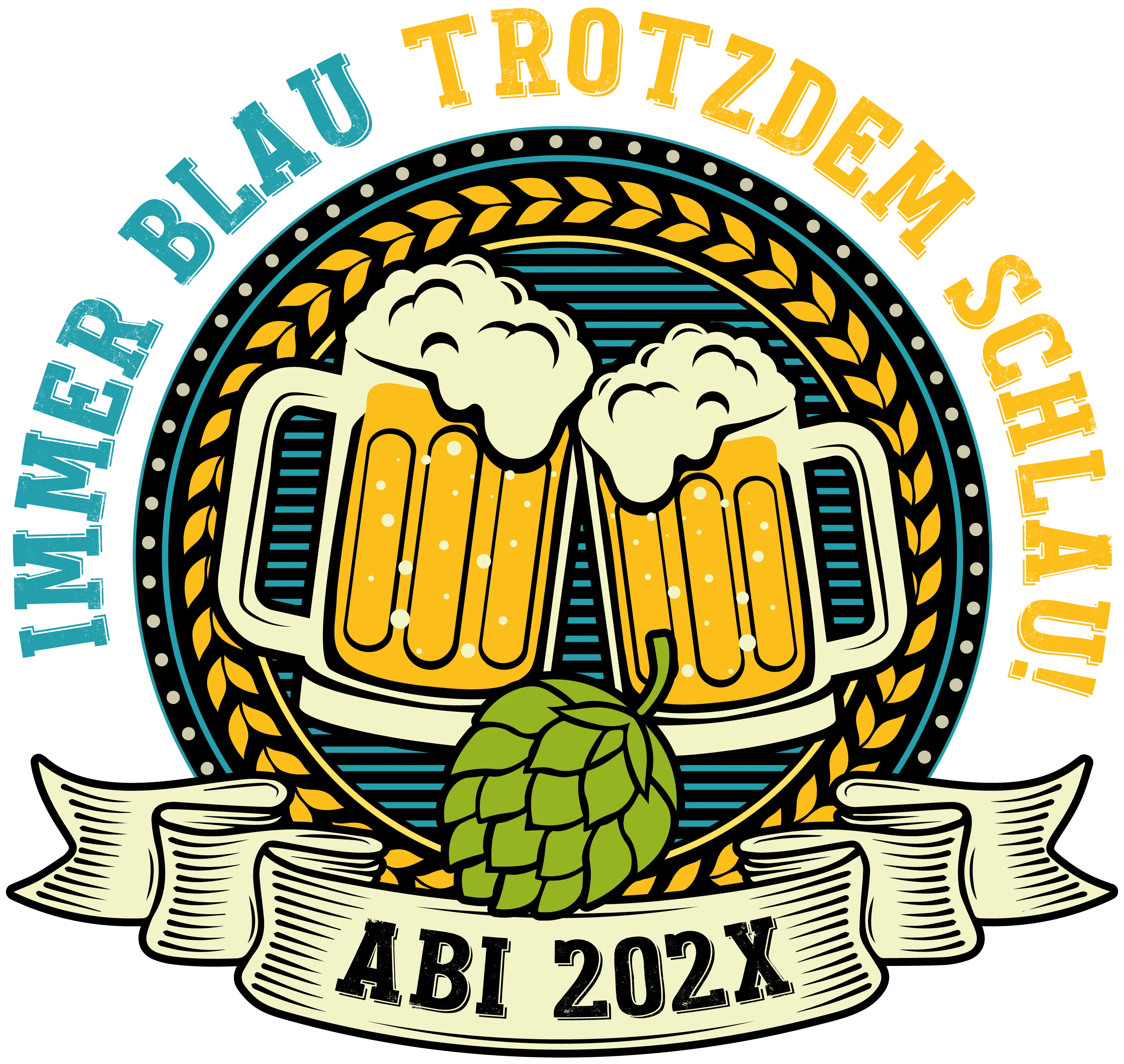 Zwei anstossende Bierglaeser mit Schaum vor einem Gerstenkranz und einer Hopfendolde darunter Schriftzug Immer blau trotzdem schlau ABI 202X