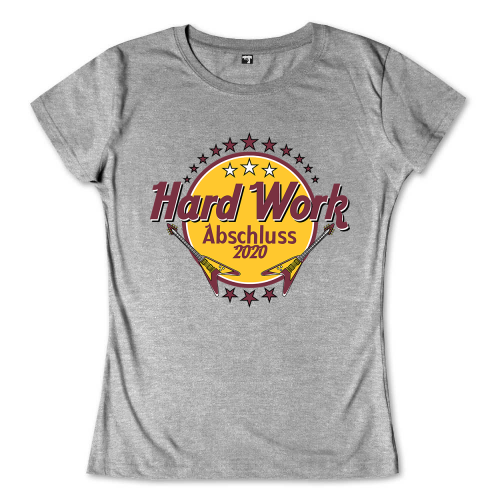 Grafik mit gelbem Kreis, zwei Gitarren, Text "Hard Work Abschluss 2018" und Sternen.